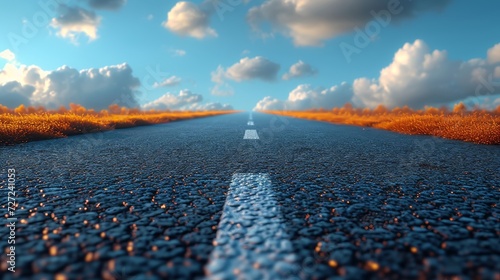 Isolation of straight highway road with clouds. Illustration of motorway advertising. Bending road, road ads. photo