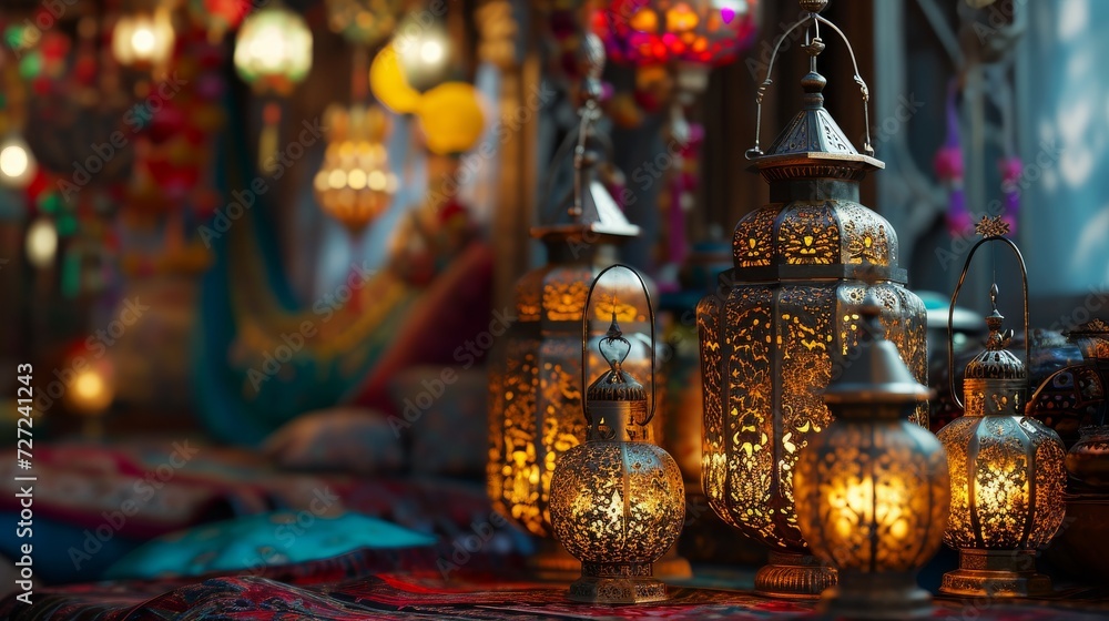 Group of Lit Lanterns on Table, Eid Al-Adha