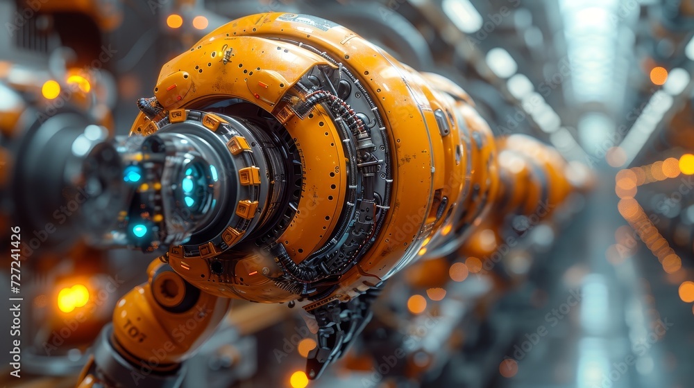 Four engineering facilities with robot arms moving in four directions. High-tech industrial technology using machine learning. Robotics in mass production. Close-up.