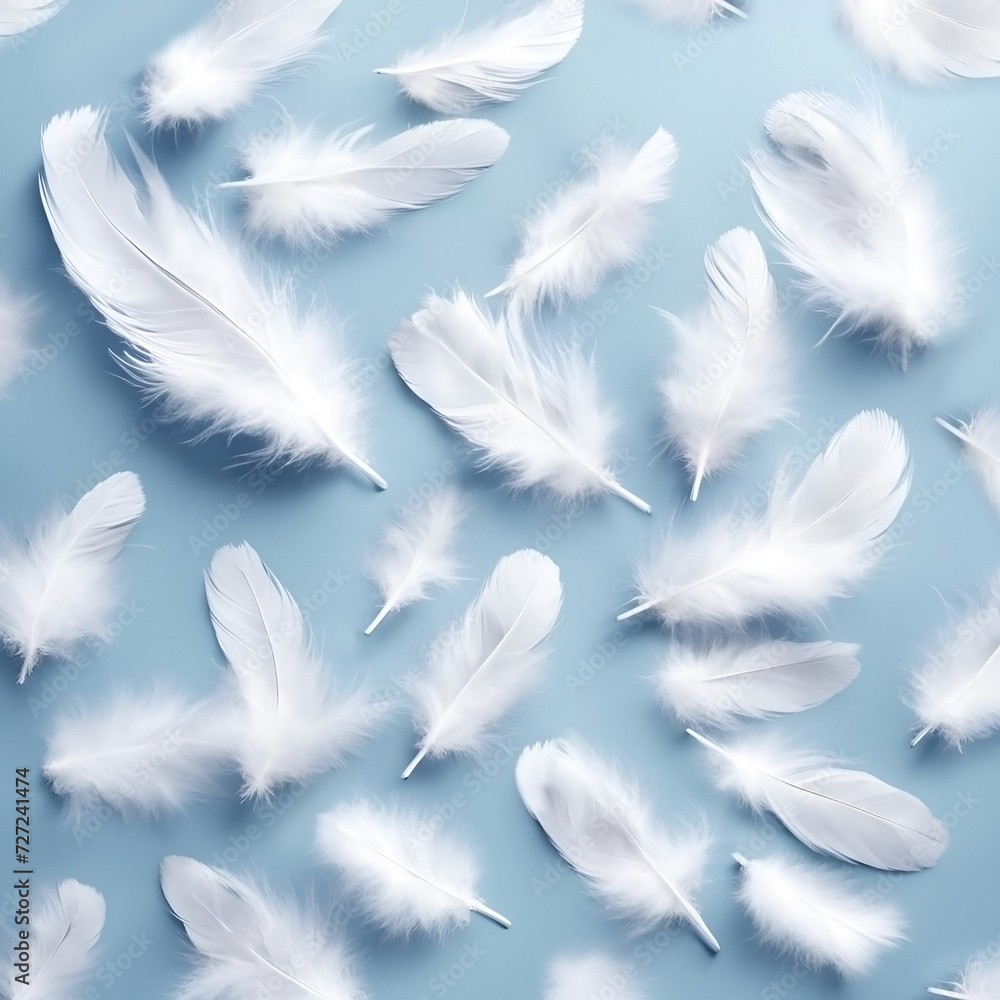 Fluffy white feathers on a blue background. Fluffy white feathers on a blue background.