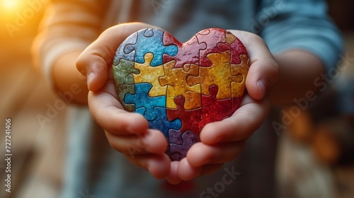 The hands of a young boy holding a puzzle heart is the concept of mental health in children, world autism awareness day, as well as the concept of autism spectrum disorder in teens photo