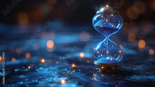 Countdown or deadline concept illustration or background. Low poly wireframe sandglass looks like constellation on dark blue background.