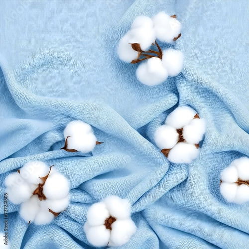 Fluffy white cotton flowers on a blue background. 