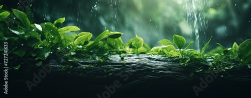 Rain-kissed leaves adorned with natural water droplets  a serene scene of nature.