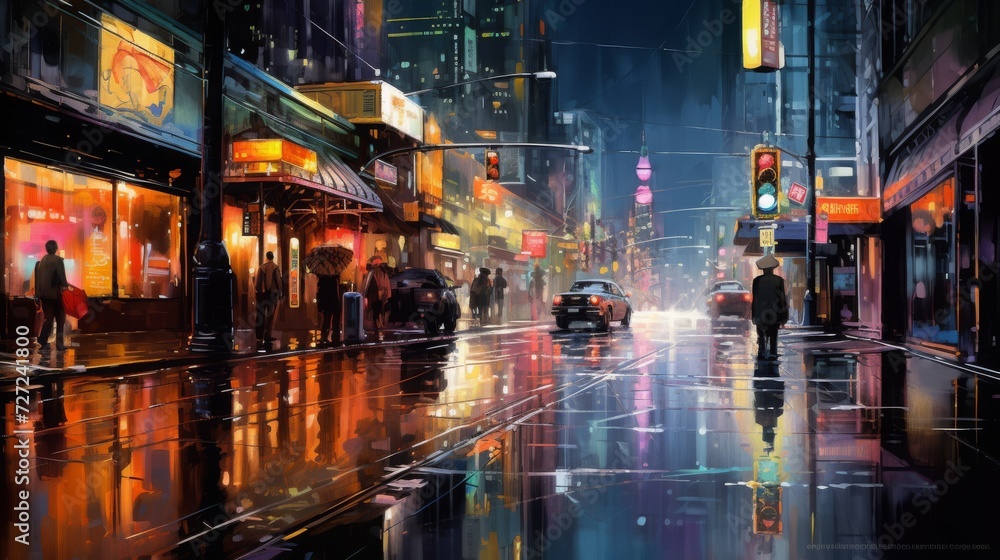 rainy night on a busy street, reflections on wet asphalt, neon lights, 16:9 rainy night on a busy street, reflections on wet asphalt, neon lights, 16:9