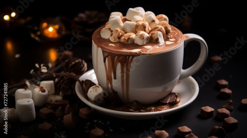 Hot chocolate with marshmallows as topping, beverage photography, copy space, 16:9