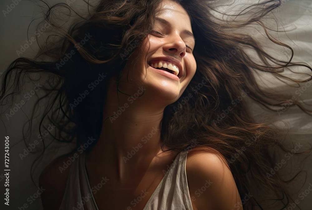 woman laughing happily, expression full of cheerfulness woman laughing happily, expression full of cheerfulness