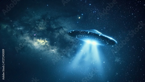 UFO emitting beams of light into space. The concept of extraterrestrial civilizations and contact. photo