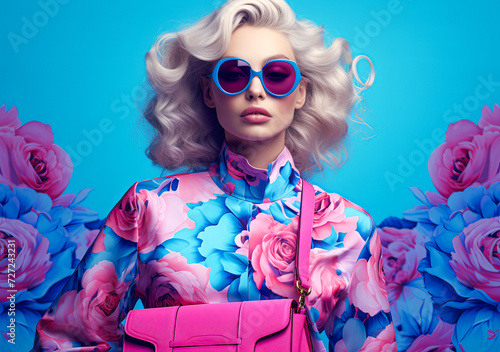 blonde woman with sunglasses and floral blouse, with pink handbag, posing in front of a wall of flowers.