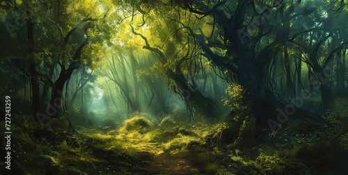 Fantastic forest with giant trees, atmospheric and fairy-tale landscape.