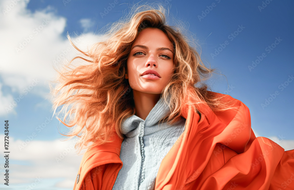 woman with wind-blown hair posing in front of a background of clouds woman with wind-blown hair posing in front of a background of clouds