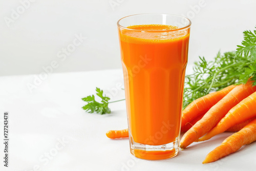 A refreshing glass of carrot juice, glistening with vitality against a pristine white backdrop