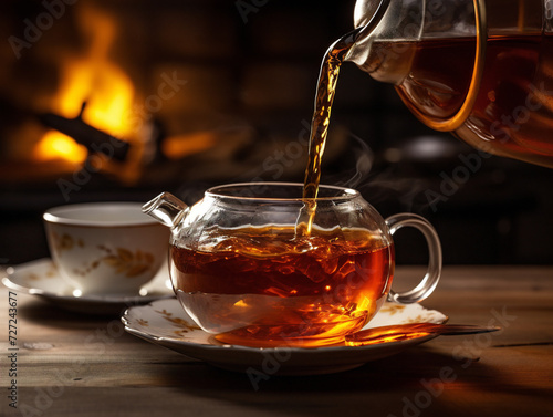 A teapot gracefully pours hot tea into a delicate teacup, creating a steamy and soothing sight.