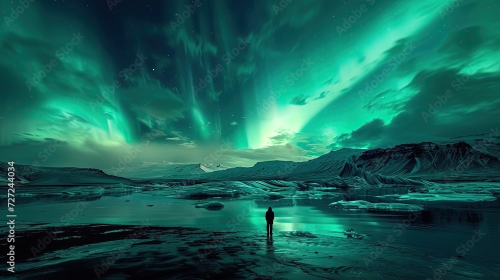 A solitary figure stands in awe beneath the mesmerizing Northern Lights in a serene, icy landscape at twilight.