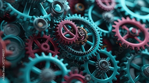 Wallpaper Mural Close-up view of interconnected teal and pink cogwheels, symbolizing complexity and mechanical engineering. Torontodigital.ca