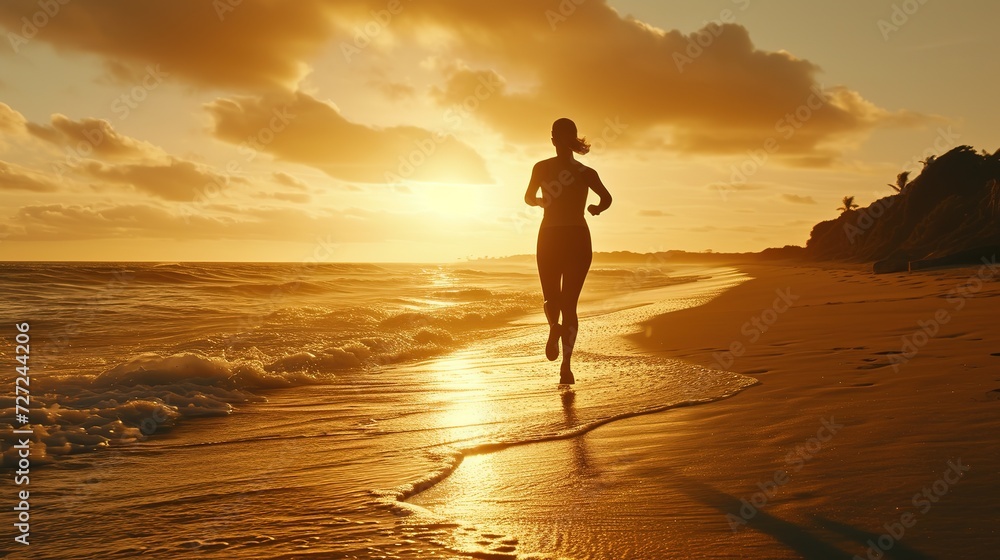 A female runner's silhouette is captured against the stunning backdrop of a sunlit beach at sunset.