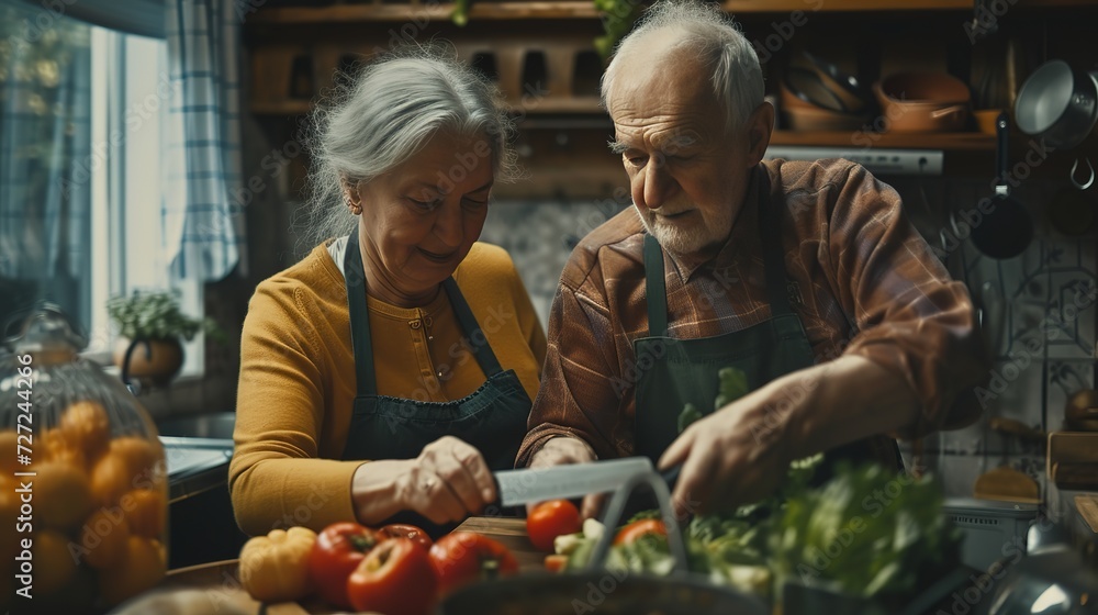 A loving elderly couple enjoys their time together preparing a vegetable meal in their rustic home kitchen. A loving elderly couple enjoys their time together preparing a vegetable meal in their rustic home kitchen.