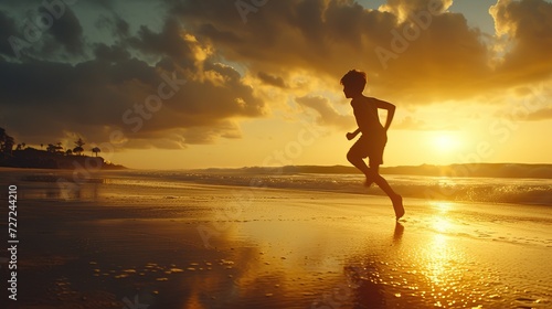 The silhouette of a young runner on the beach, with a dramatic sunset over the ocean in the background.