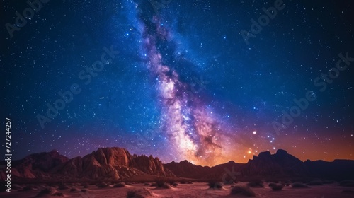 A starry night sky over a quiet desert  with a brilliant display of the Milky Way..