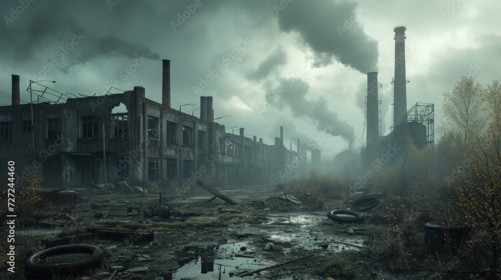 A scene of a ruined factory with smoke emanating from the chimneys, reminiscent of a post-apocalyptic world.