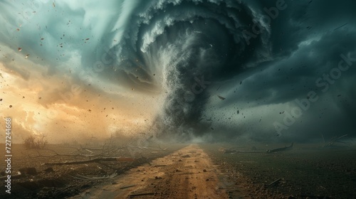 A massive tornado swirls across a barren landscape, devastating everything in its path.