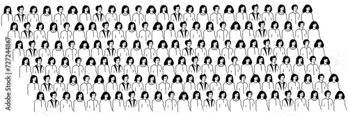 Set of viewers of performance. Sitting spectator.  Academic auditorium, fan audience, people crowd. Audience, spectators sitting on viewer places. Men and women in auditorium Vector illustration