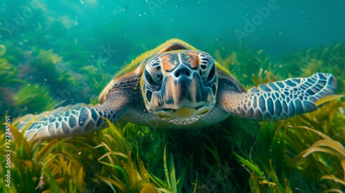 a sea turtle gracefully glides underwater. Its shell is covered in marine alg...