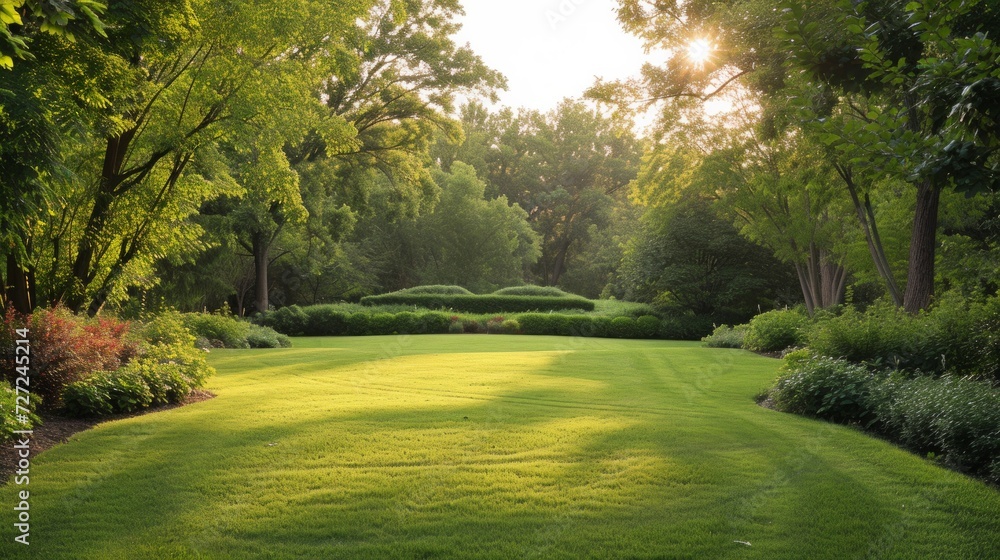 A Manicured Lawn Encircled by Trees and Bushes Picture a stunning summer day.
