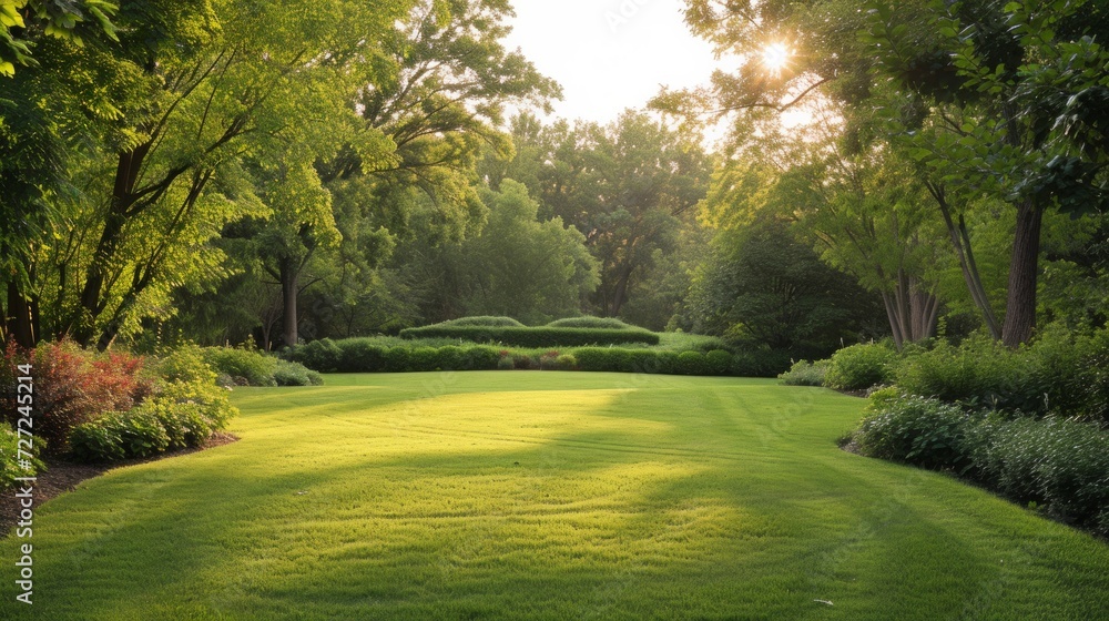 A Manicured Lawn Encircled by Trees and Bushes Picture a stunning summer day. A Manicured Lawn Encircled by Trees and Bushes Picture a stunning summer day.