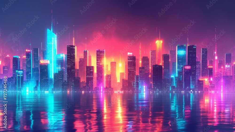 A neon cityscape, with vibrant skyscrapers illuminating the night in a futuristic metropolis