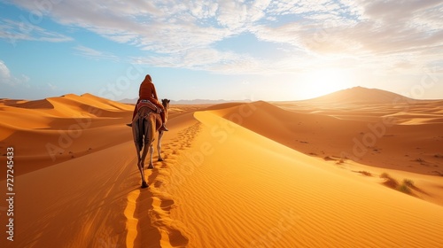 A traveler riding a camel in the Sahara Desert  with endless golden sand dunes under a scorching sun.