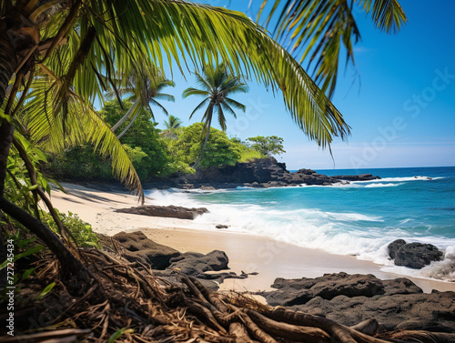 A picturesque tropical beach with lush palm trees and vibrant exotic plants under a blue sky.