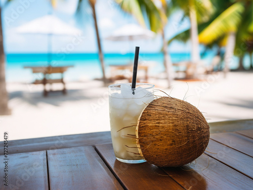 A refreshing tropical coconut drink complete with a straw and a miniature umbrella.