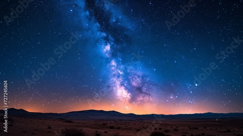 A starry night sky over a quiet desert, with a brilliant display of the Milky...