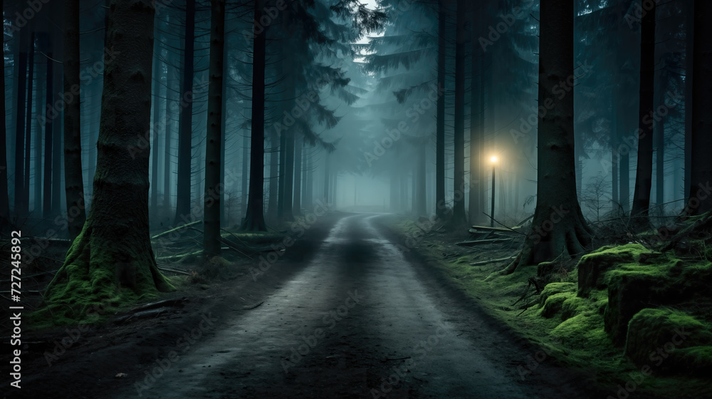 a long street in a forest at night, wallpaper