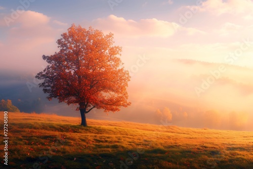 Landscape meadow with tree dramatic sky fog