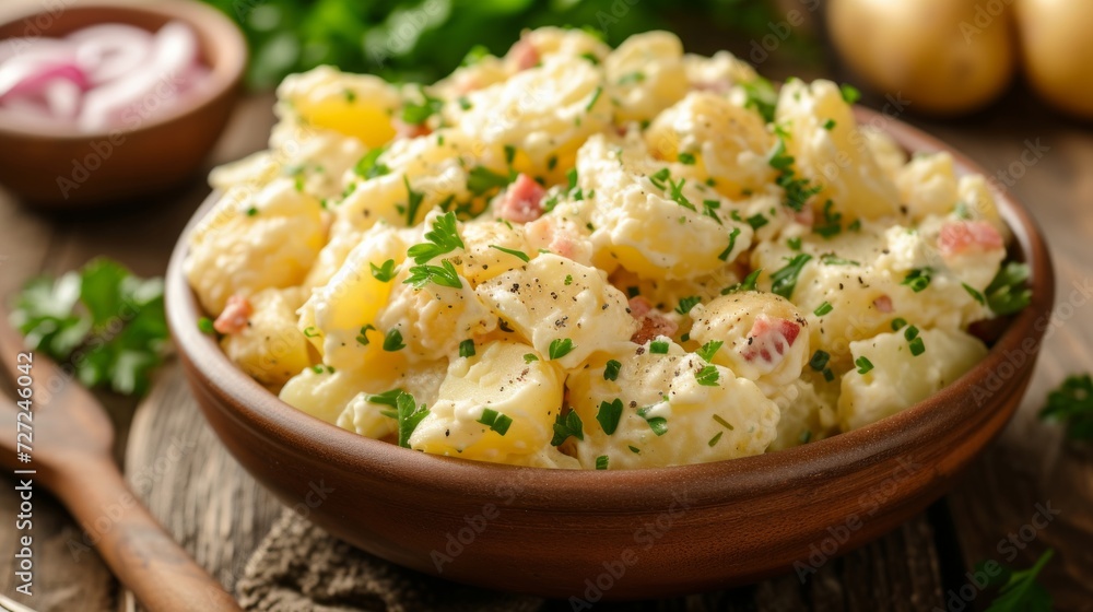 A savory potato salad with vinegar dressing, often featuring bacon or pickles. A savory potato salad with vinegar dressing, often featuring bacon or pickles.