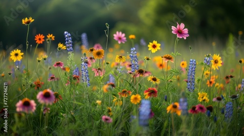 A vibrant meadow of wildflowers, a tapestry of nature's hues, bathed in the gentle sun. © olegganko