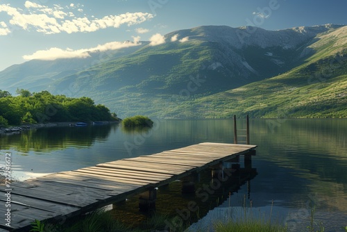 landscape with lake moorage and hills photo