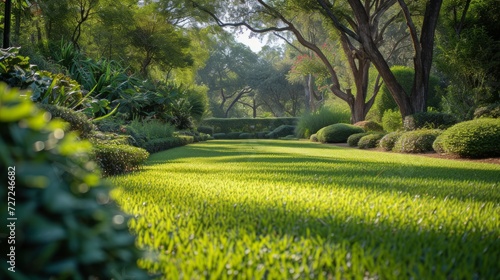 A Manicured Lawn Encircled by Trees and Bushes Picture a stunning summer day.