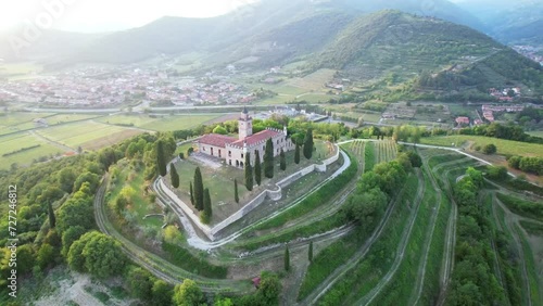 Orbit aerial view over La Santissima Castle, Gussago Brescia Italy. photo