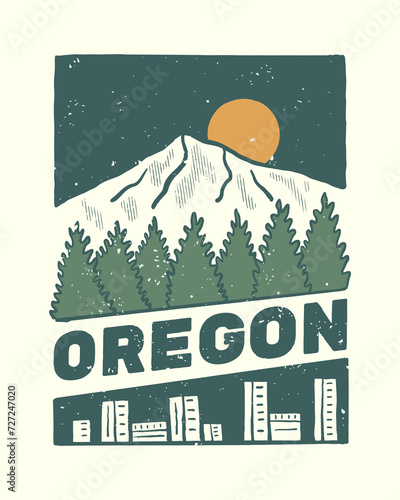 Portland and Mt Hood in Oregon vintage hand drawing vector illustration