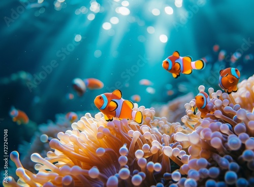 Brightly colored clownfish swim among colorful corals in a serene underwater setting.