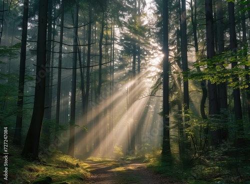 Sunrays piercing through a dense forest, illuminating a serene path; a tranquil and mystical atmosphere.