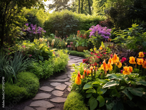 A beautiful garden bursting with colorful flowers and lush foliage creates a vibrant natural oasis.