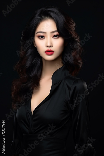 A young beautiful girl wearing a black dress with long hair, cute, innocent, and attractive looks, beautiful model girl, generative ai. © Sajal.savar