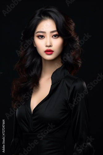 A young beautiful girl wearing a black dress with long hair, cute, innocent, and attractive looks, beautiful model girl, generative ai.