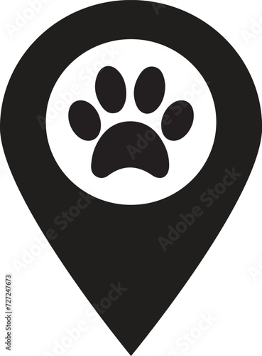 Map pointer paw print icon . Dog paw print icon on location pin . Pet locator icon vector