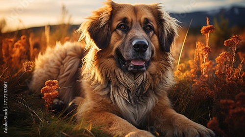 a Leoberger dog lies in the wildflowers and joyfully looks into the lens with his tongue hanging out, concept: dog breeds, dog on a walk, pets