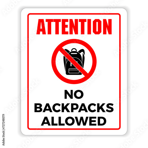 No Backpacks Allowed Signs. Backpacks are prohibited sign. No backpacks symbol. Flat style. Eps 10 vector illustration.